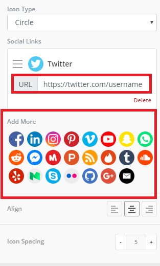 social media options on customize content page