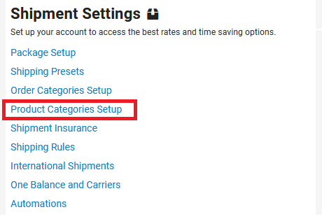 shipment settings then product categories setup
