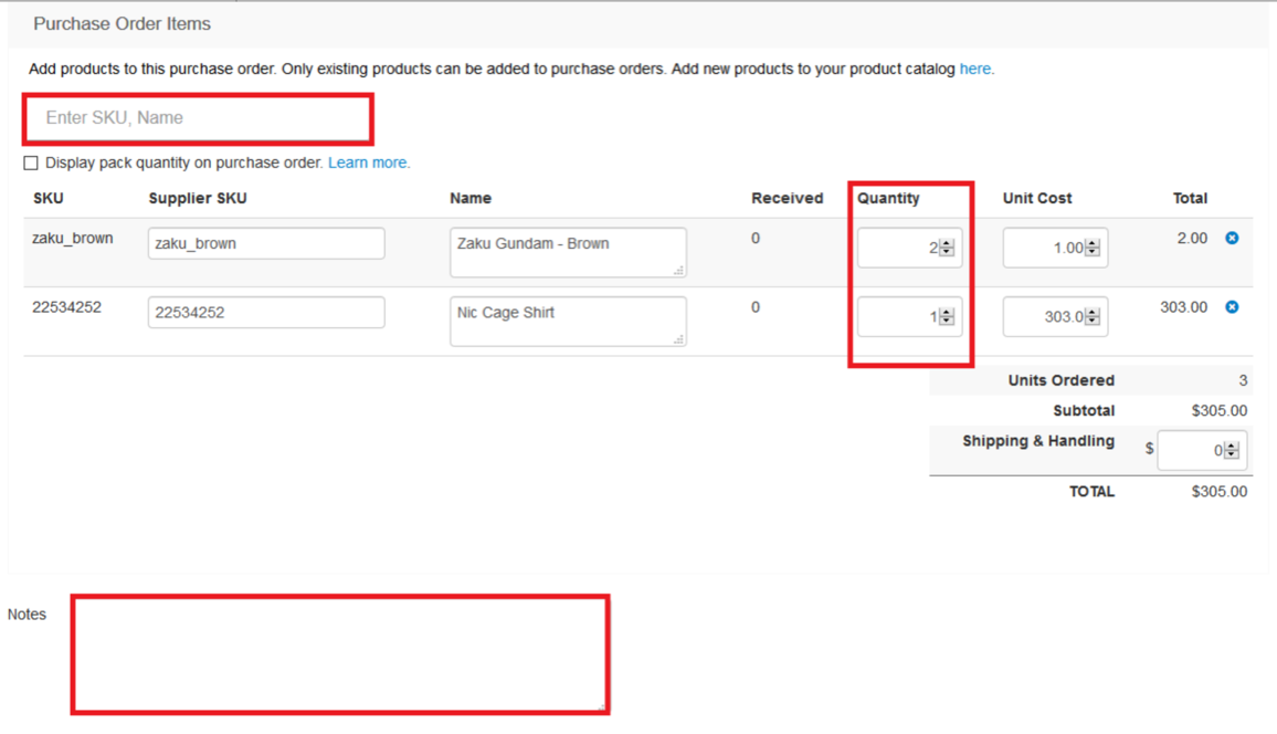Boxes highlight the required fields: Enter SKU, Quantity, and optional Notes field