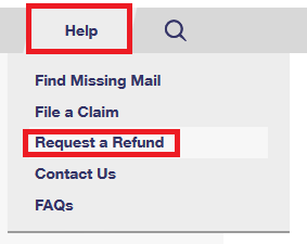 USPS Help menu expanded with request a refund highlighted