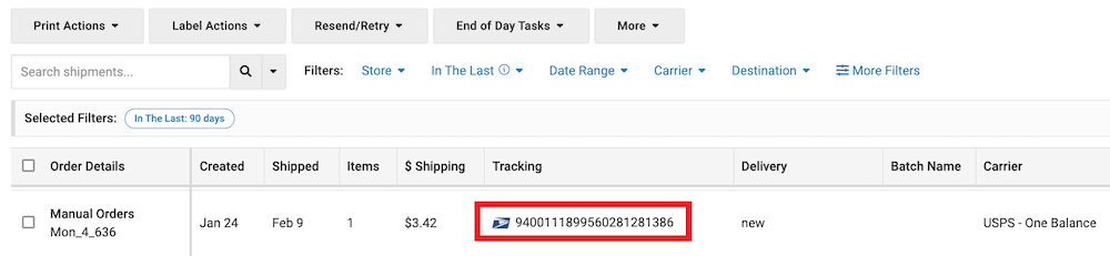 Shipment History showing shipment tracking number marked
