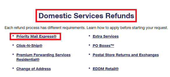 USPS Domestic Service Refunds screen with Priority Mail Express highlighted