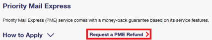 USPS screen Priority Mail Express request a PME refund highlighted