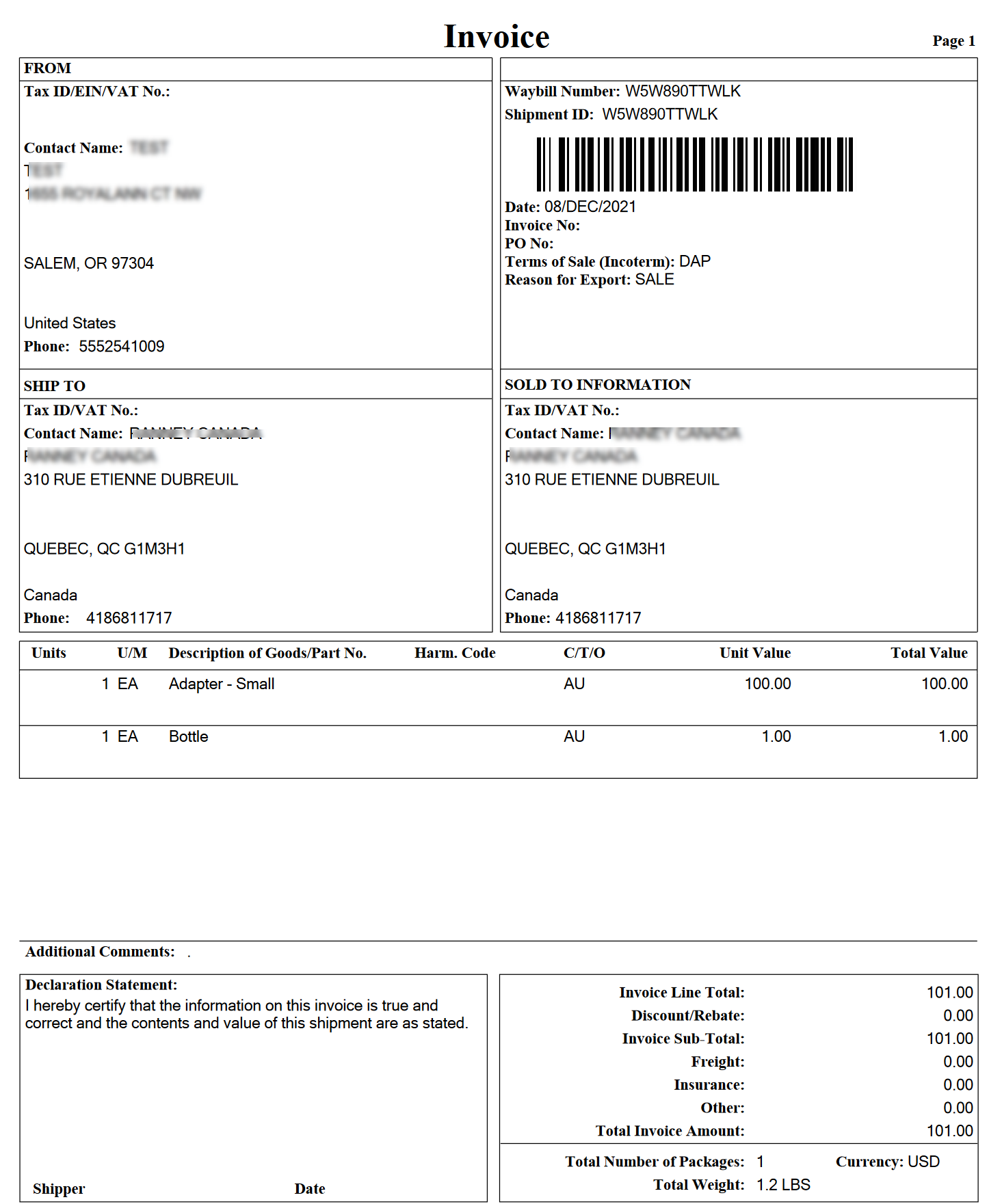 Example of UPS commercial invoice