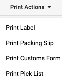 Shipment History Print Actions dropdown menu
