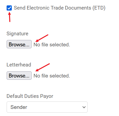 Arrows point to ETD checkbox, and both buttons to upload signature and letterhead files