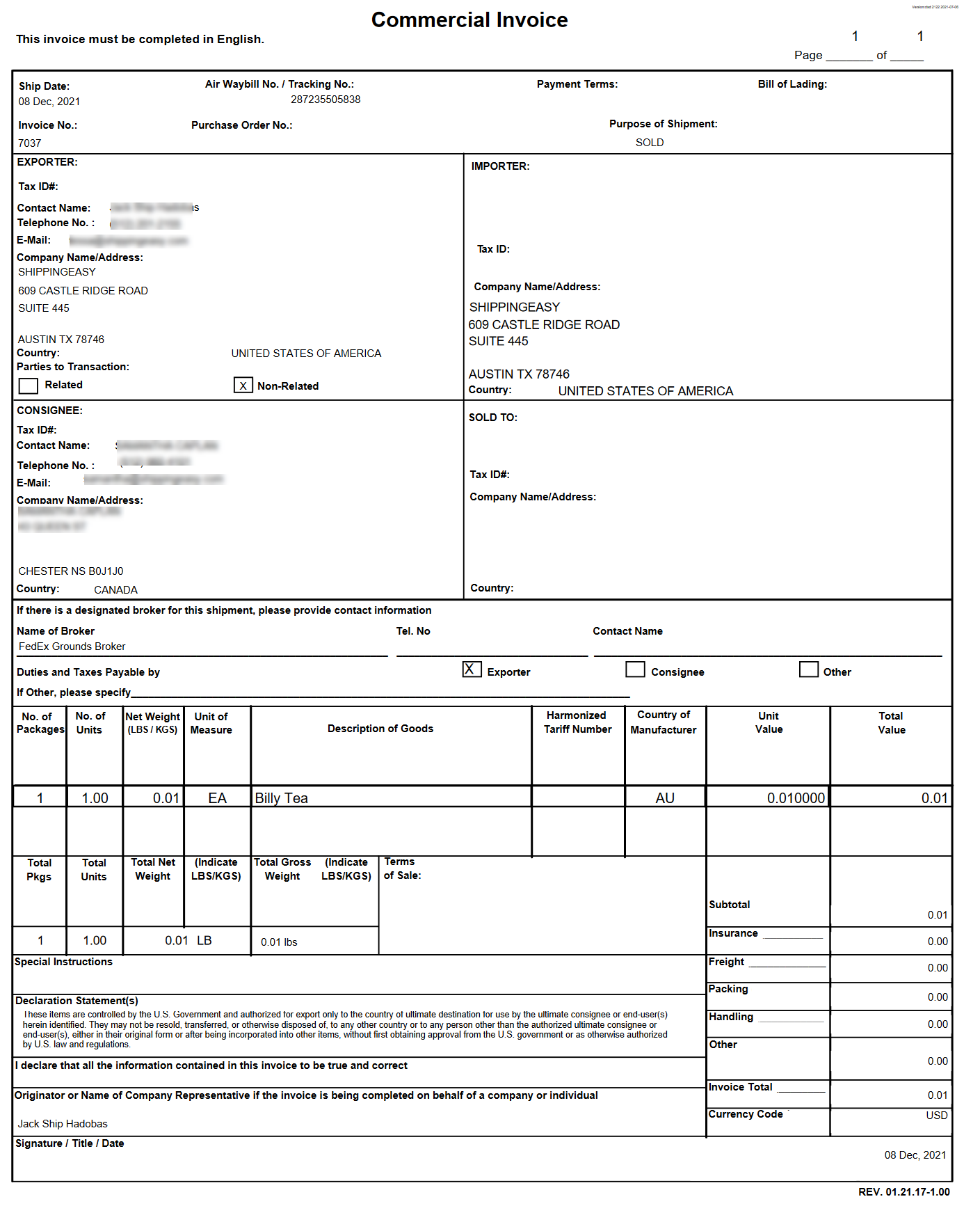 FedEx commercial invoice example