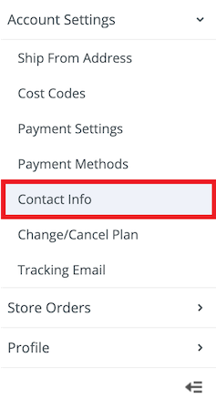 Stamps.com website showing Contact Info marked