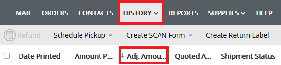 The history tab is selected and the adjustment amount column is highlighted.