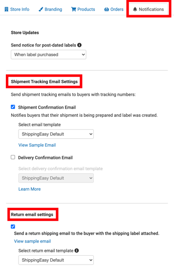 Tracking and Return email settings highlighted on Notification tab of stores & Orders page