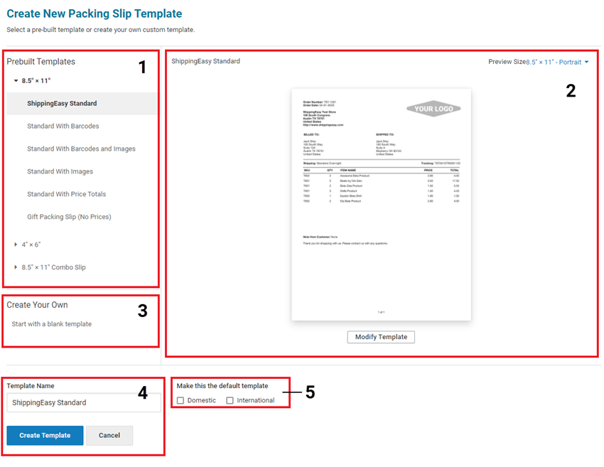 Create new packing slip template annotated with numbers in each section