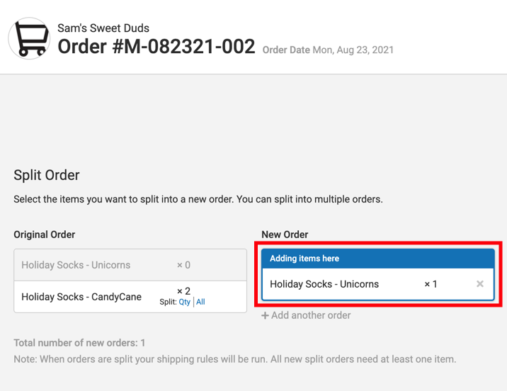 Split order popup with New Order section highlighted