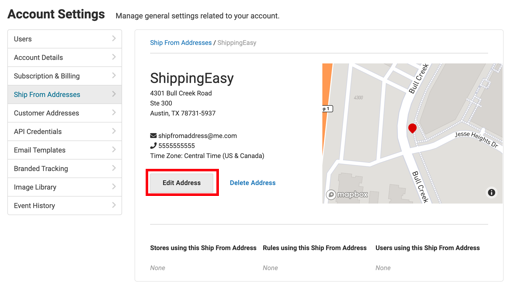 Edit Address button highlighted on Ship From Address page