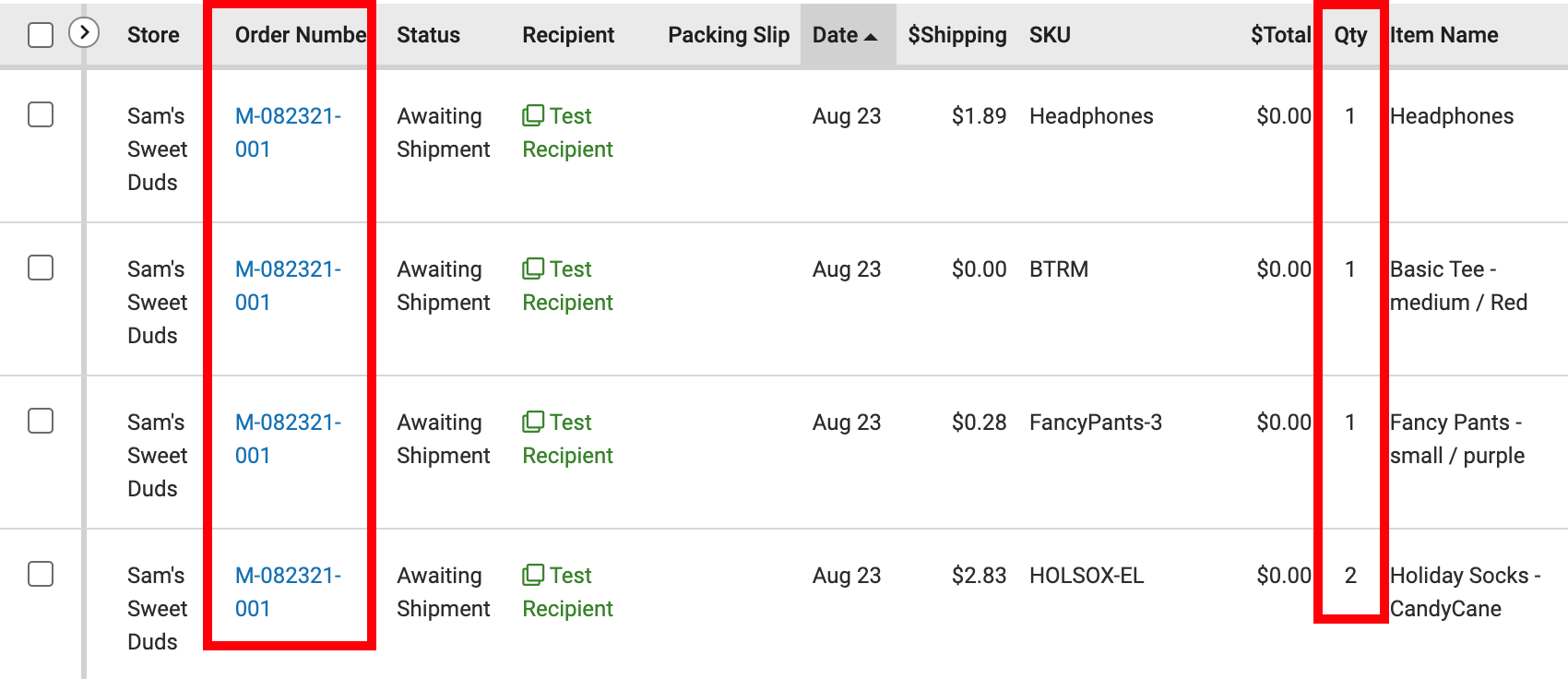 Order number column and quantity column highlighted