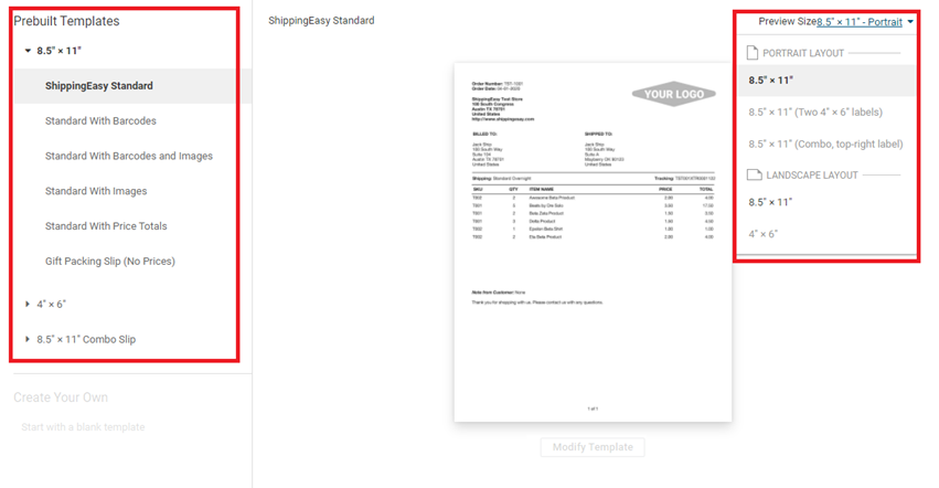Packing slip in preview mode marked