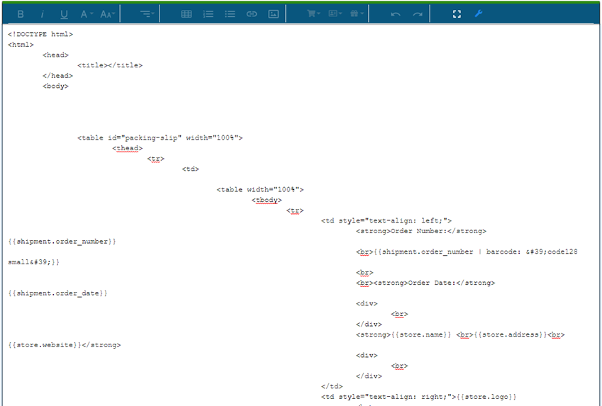 Packing slip Template editor in HTML view