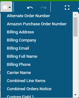 Packing slip template editor showing order and shipment variables expanded