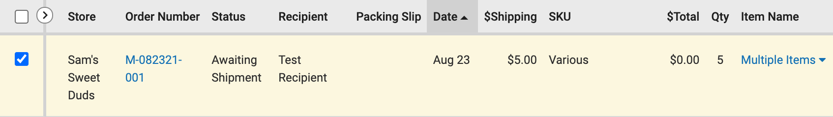 single order selected with checkbox marked