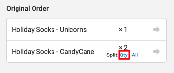 Split order popup showing original order items with "QTY" highlighted
