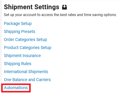Select automations in the shipment settings section.