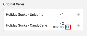 Split order popup showing original order items with "ALL" highlighted