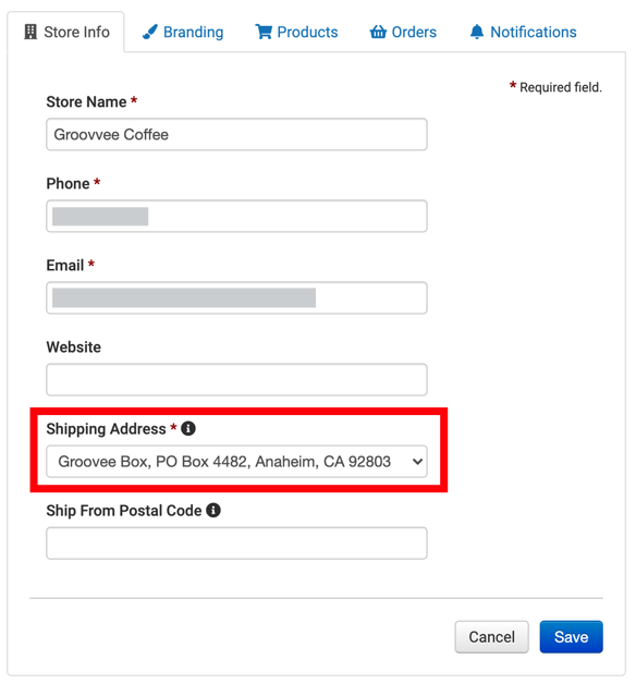 Shipping Address highlighted on Store Info tab of Stores & Orders page