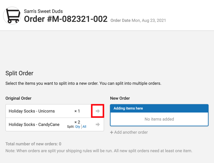 Split order popup screen with arrow to move order highlighted