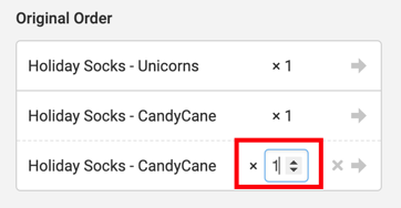 Split order popup showing original order items and quantity field being edited