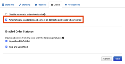 Checkbox next to Auto standardize addresses on Orders tab