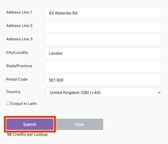 Melissa Data address verification submit button highlighted