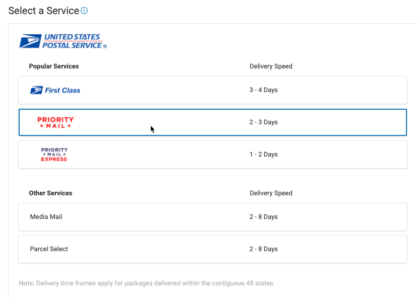 select a service with USPS marked