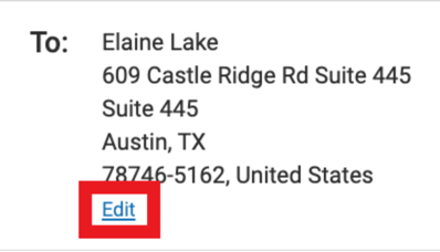 Box highlights the Edit link under the TO (destination) shipping address