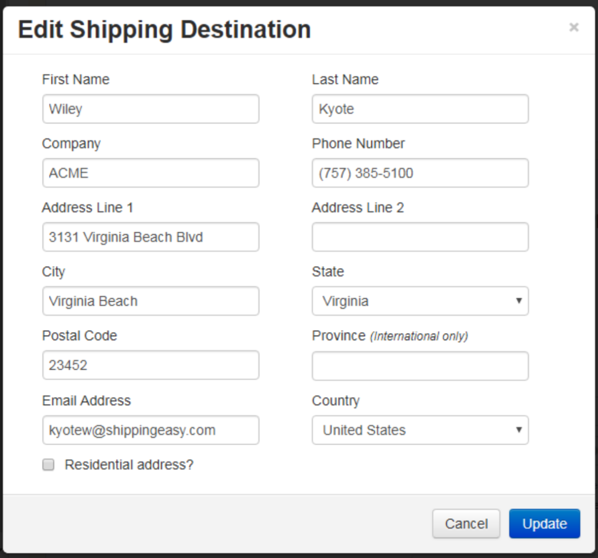 Shows popup with fields for Shipping Destination, other contact info, + Cancel & Update buttons.
