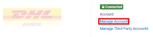 An example of the Manage Account link associated to a DHL Express Account.