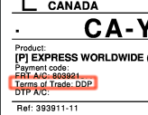 Portion of a DHL Express label showing the Terms of Trade as D.D.P.