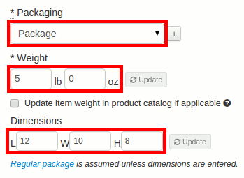 Select the packaging, weight and dimensions for the first package.