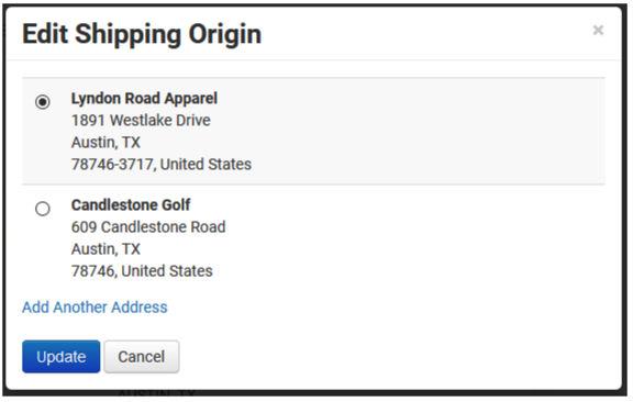 Edit Shipping origin popup. Shows options to update, + option to add Another Address