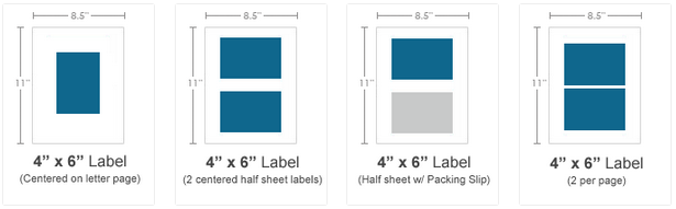 4x6 labels on letter paper, shows single and double label options and single label with packing slip option