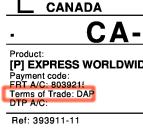 Portion of a DHL Express shipping label showing the Terms of Trade as D.A.P.