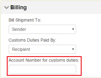 The billing section of a DHL Express shipment configuration is displayed. Recipient is selected to pay customs duties and the optional account number field is highlighted.
