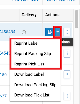 Shipment history order actions menu showing reprint options