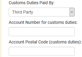 Third party is selected for the customs duties paid by option. The account number and account postal code fields need to be filled out.