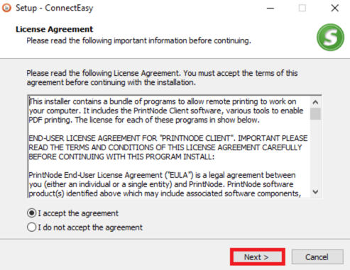 ConnectEasy license agreement in Windows