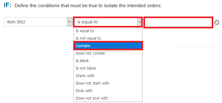 if item sku is equal to, contains