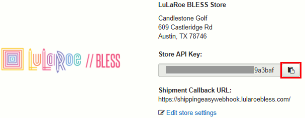 LuLaRoe Store section in ShippingEasy with Store API Key copy button highlighted