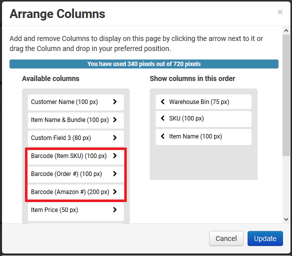 Arrange columns popup on Pick List page showing barcode columns highlighted