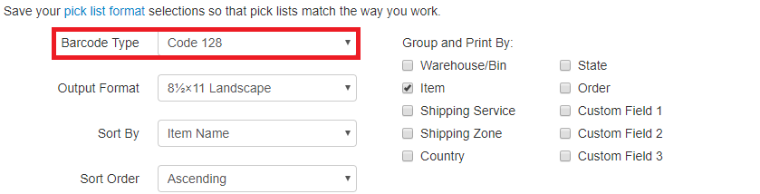 Barcode Type marked on pick list page