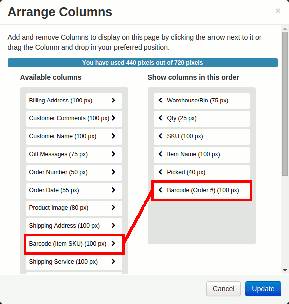 Pick list arrange columns popup marked