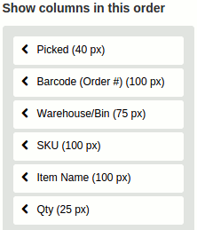 Pick List arrange columns popup cropped to show just Show columns in this order options