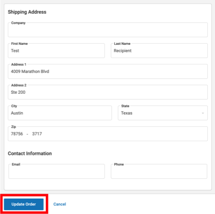Order details edit address modal with the update Order button marked.